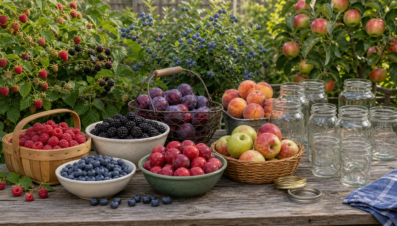 raspberries, blueberries, blackberries, plums, peaches, apples, and empty glass jars on a garden harvest table