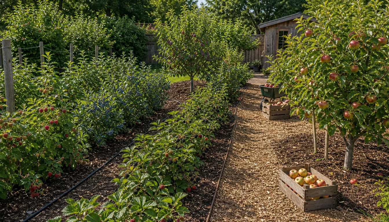 berry rows, apple trees, harvest crates, mulch paths, and drip irrigation in a backyard preserving fruit garden