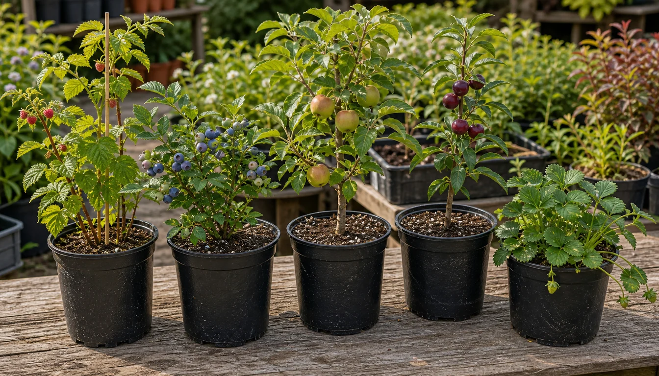 healthy potted raspberry, blueberry, apple, plum, and strawberry plants on a nursery bench