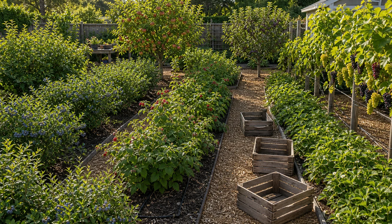 berry rows, apple and plum trees, grape trellis, mulch paths, and wooden harvest crates