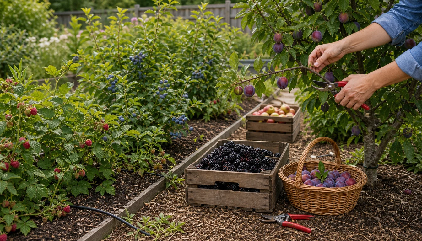 hands pruning a plum branch beside raspberry canes, blueberry shrubs, harvest crates, and a basket of plums