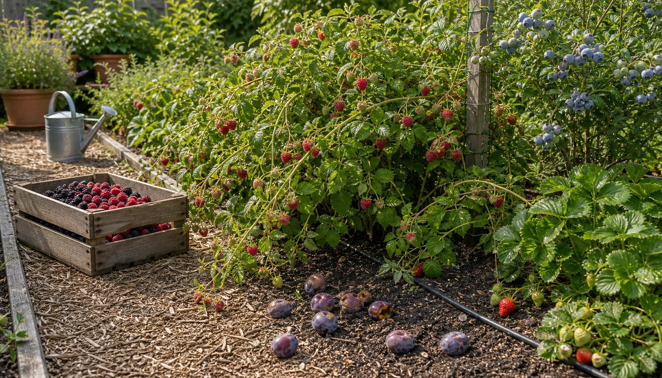 crowded raspberry canes, fallen plums, blueberry shrubs, strawberry plants, and an overfilled harvest crate