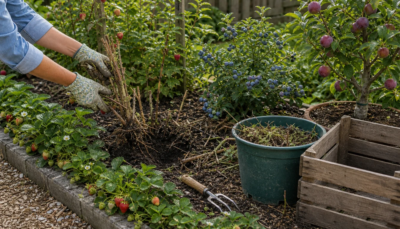 gloved hands removing old raspberry canes beside strawberry plants, blueberries, plum tree, compost bucket, hand fork, and harvest crate