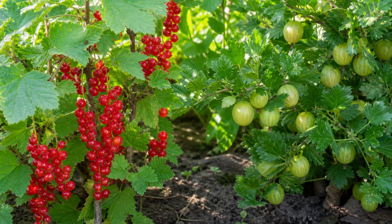 A redcurrant bush carrying strings of translucent red fruit growing beside a gooseberry bush with plump green berries hanging under its leaves