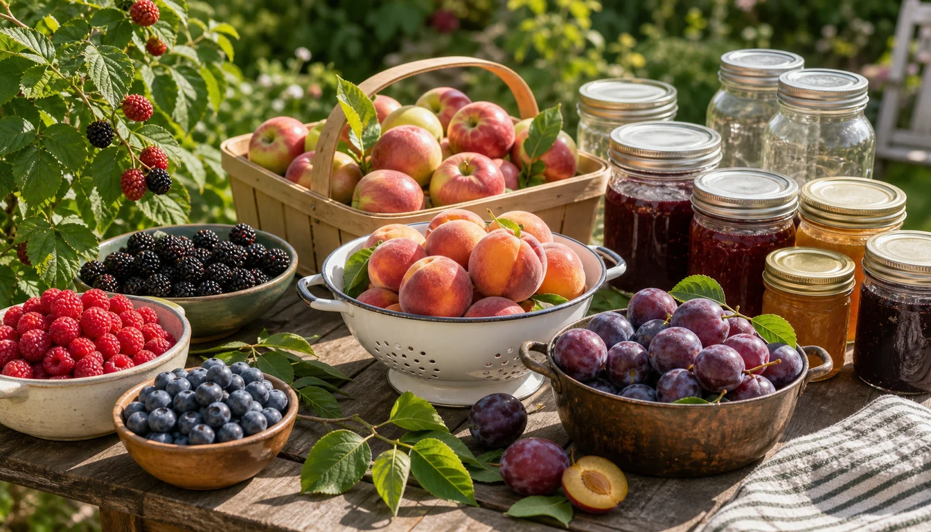 Preserving fruits with berries, plums, and apples gathered near clean jars