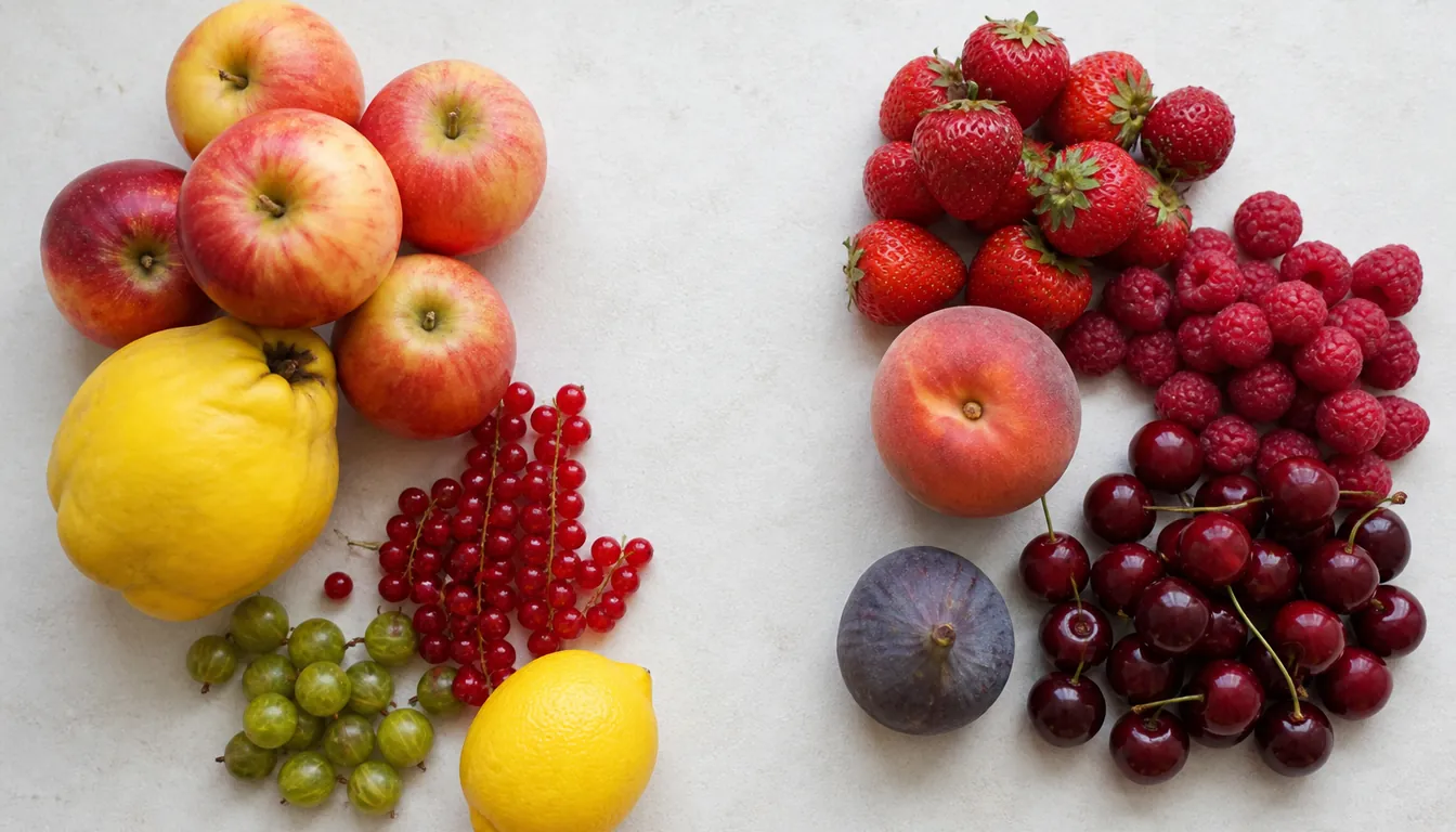 Two separated groups of fruit photographed overhead on a plain surface, apples, quince, redcurrants, gooseberries and a lemon on the left and strawberries, raspberries, a peach, a fig and cherries on the right