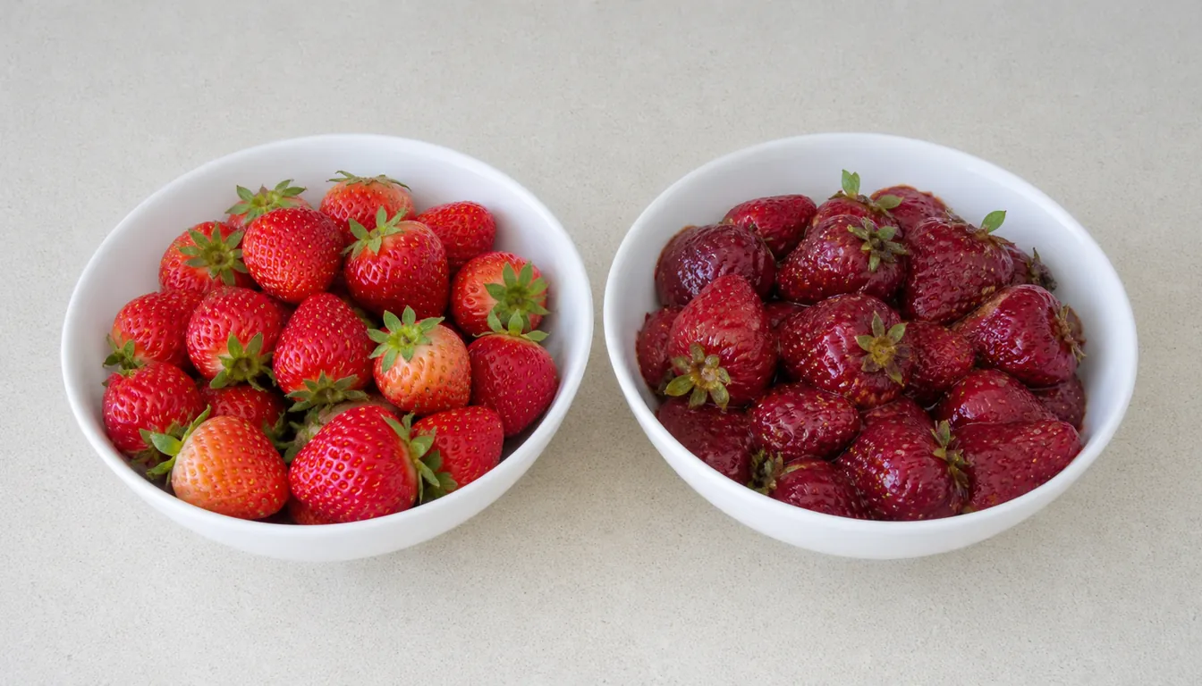 Two white bowls of strawberries side by side, the left holding firm bright just-ripe fruit with pale shoulders and the right holding dark soft fully ripe fruit that has slumped