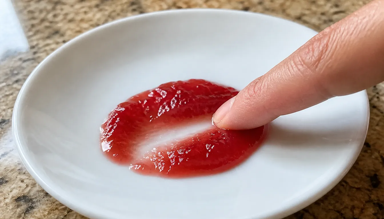A fingertip pushed through a spoonful of red jam on a chilled white saucer, leaving a clean channel with a wrinkled ridge along its edge