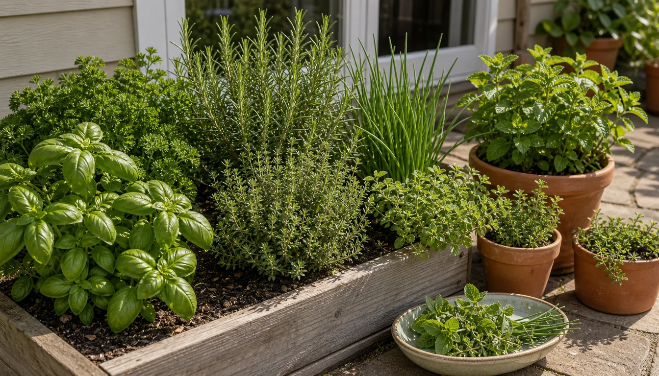 basil, parsley, rosemary, thyme, chives, oregano, and mint growing beside a patio harvest bowl