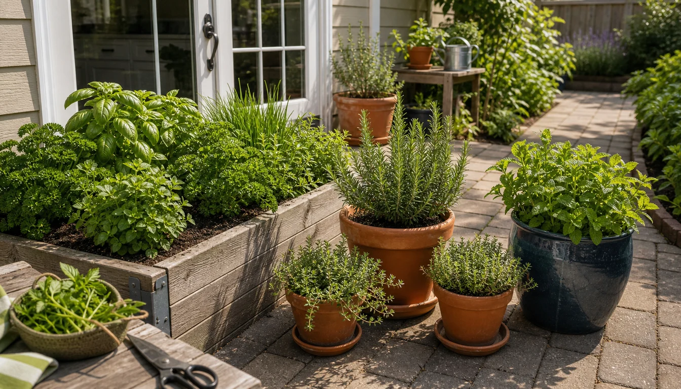 basil and parsley in a raised bed with rosemary, thyme, and mint in patio containers by a kitchen door
