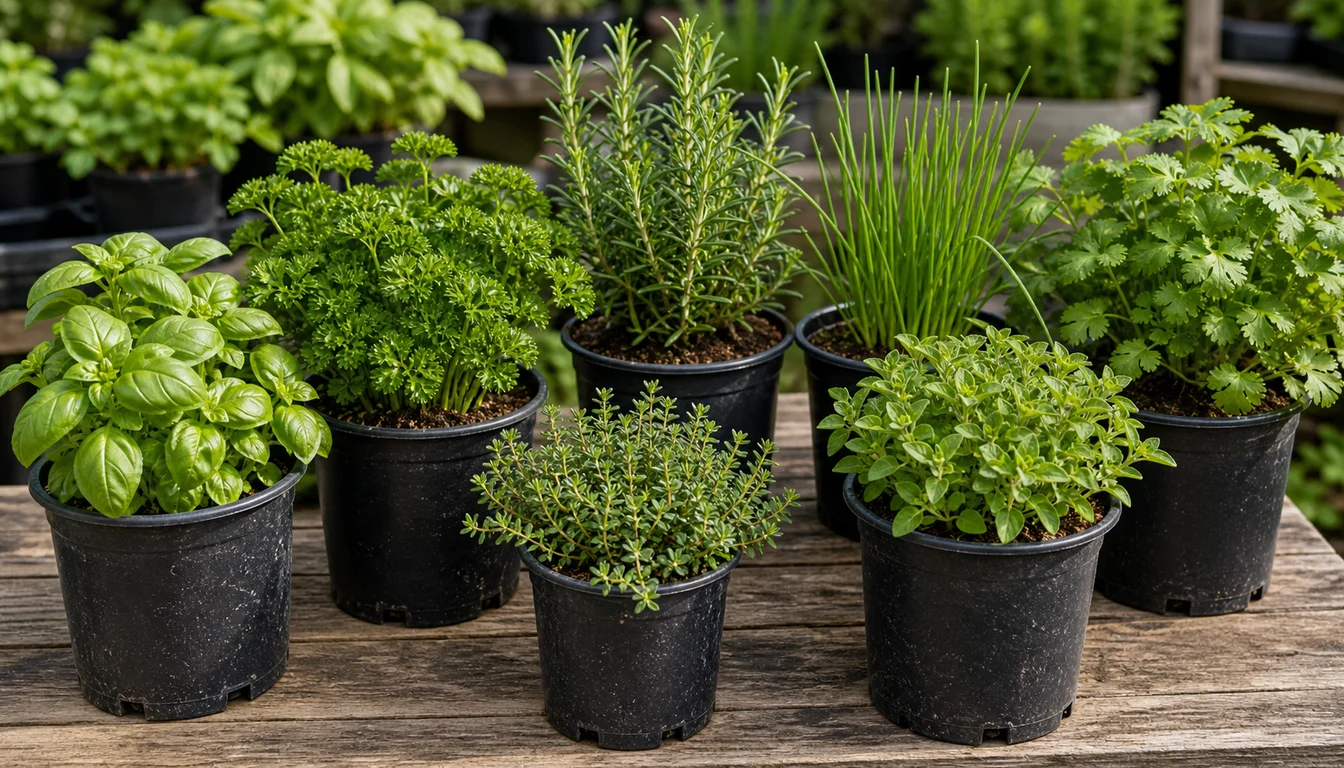 healthy potted basil, parsley, rosemary, chives, cilantro, oregano, and thyme on a nursery bench