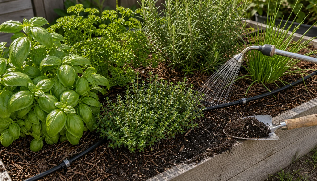 basil, parsley, rosemary, thyme, and chives in a raised bed with drip line, watering wand, mulch, and compost on a trowel