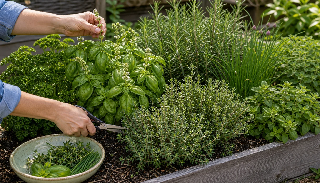 hands pinching basil flowers and trimming thyme beside parsley, rosemary, chives, oregano, and a bowl of herb cuttings