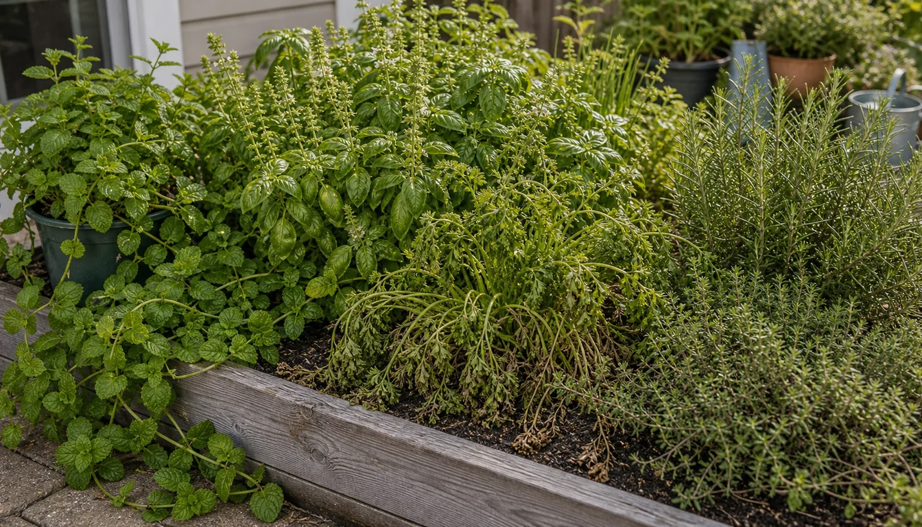 crowded herb bed with flowering basil, spreading mint, wilted parsley, rosemary, and thyme