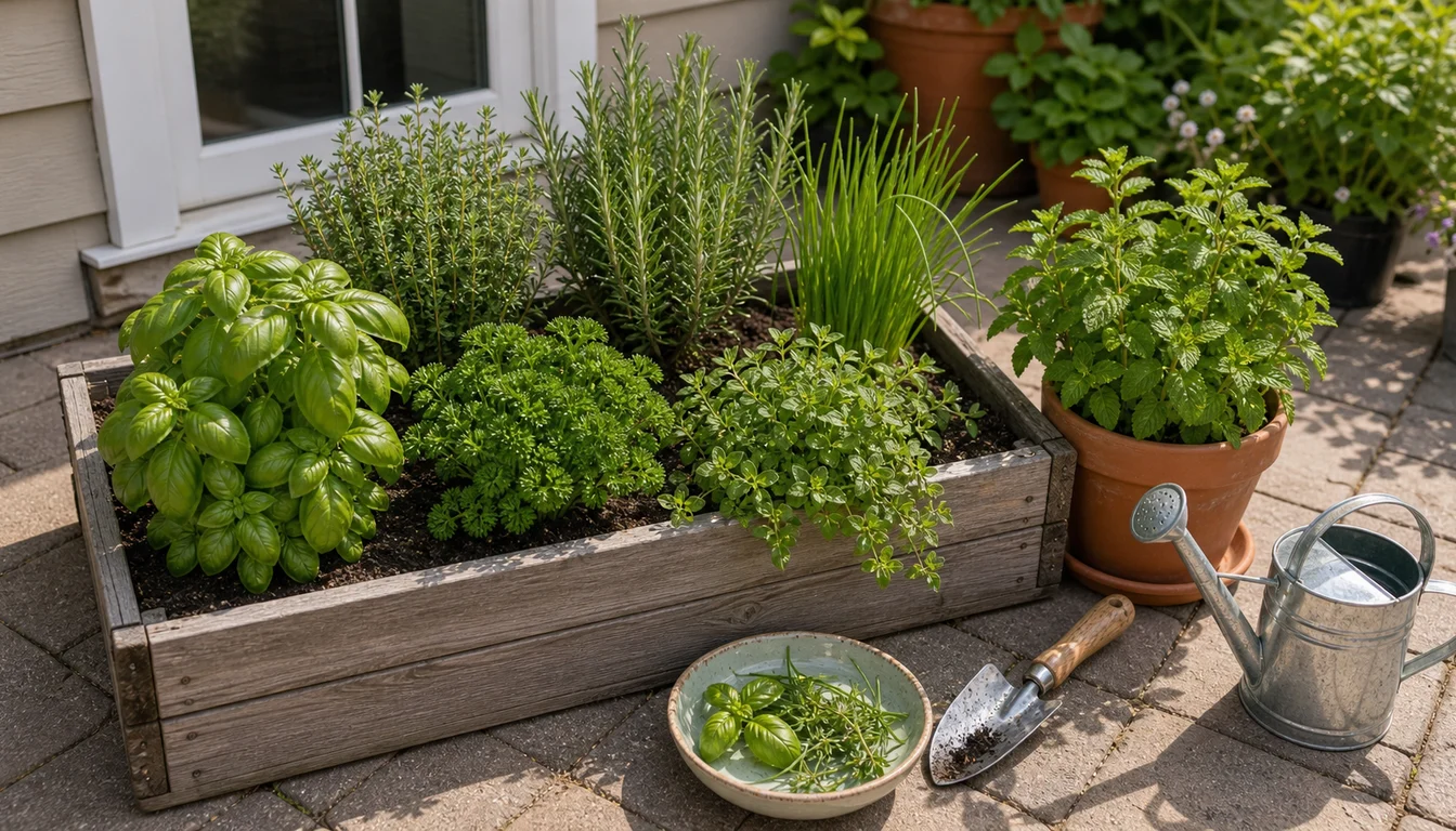 starter raised herb bed with basil, parsley, rosemary, chives, oregano, mint pot, watering can, trowel, and harvest bowl