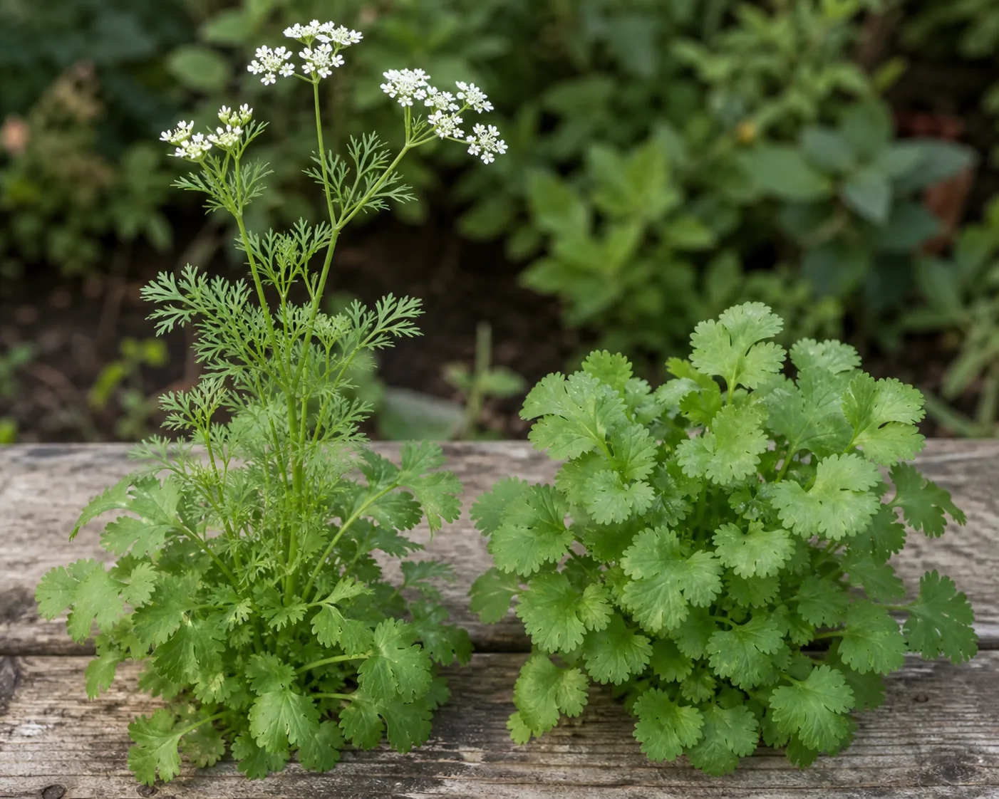 A leafy cilantro plant beside one that has bolted into a tall thin seed stalk with sparse feathery leaves, both photographed at the same scale