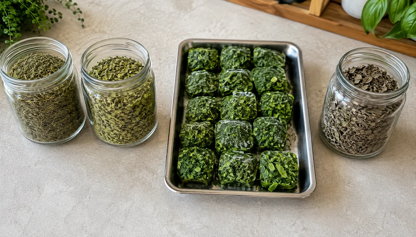 Two plain jars of dried thyme and oregano holding a strong green color, a metal tray of frozen chopped herb portions, and one jar of dried basil that has gone dull gray-brown