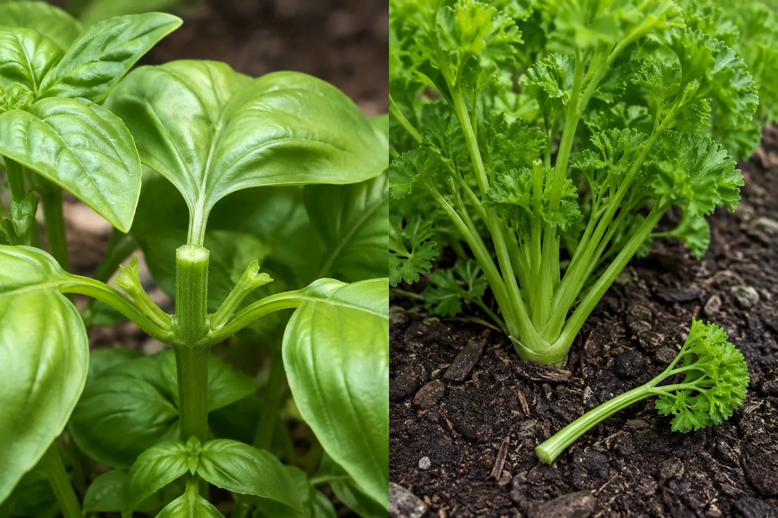 A basil stem being pinched just above a leaf node beside a parsley plant with one outer stem cut at the base and the center crown left untouched