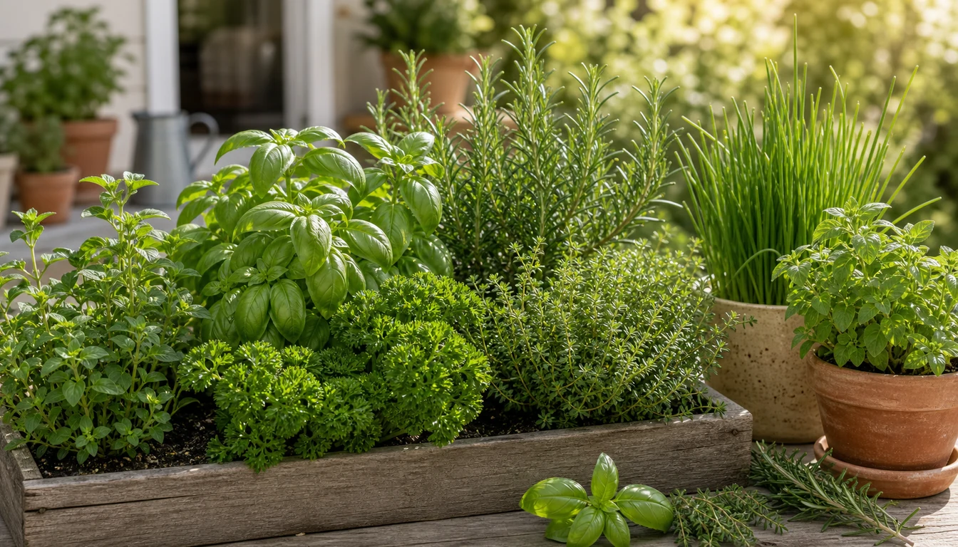 Culinary herbs including basil, parsley, thyme, and rosemary in a kitchen garden