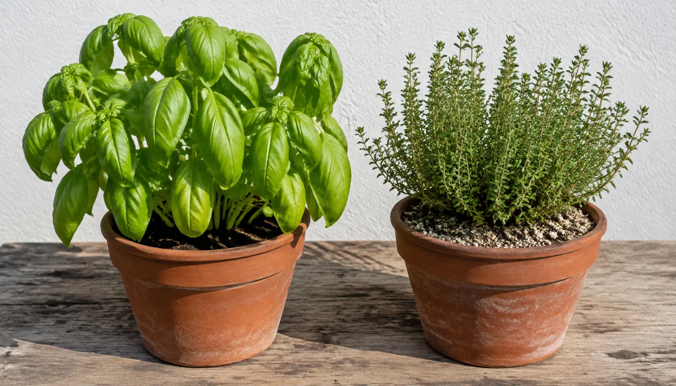 A soft leaved basil in dark moist potting mix beside a woody thyme in pale gritty free draining mix, the two terracotta pots side by side with the surface of each visible