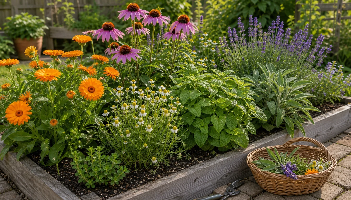 calendula, echinacea, chamomile, lemon balm, sage, and lavender growing in a raised herb bed with harvest basket