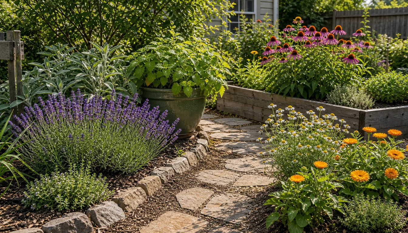 lavender, sage, lemon balm, echinacea, chamomile, and calendula planted beside a stone garden path