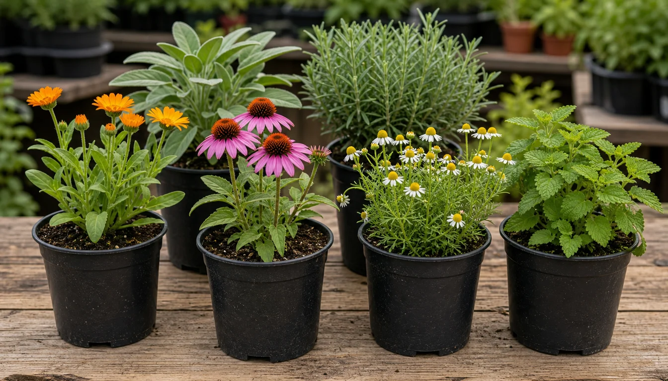 healthy potted calendula, echinacea, chamomile, lemon balm, sage, and rosemary on a nursery bench