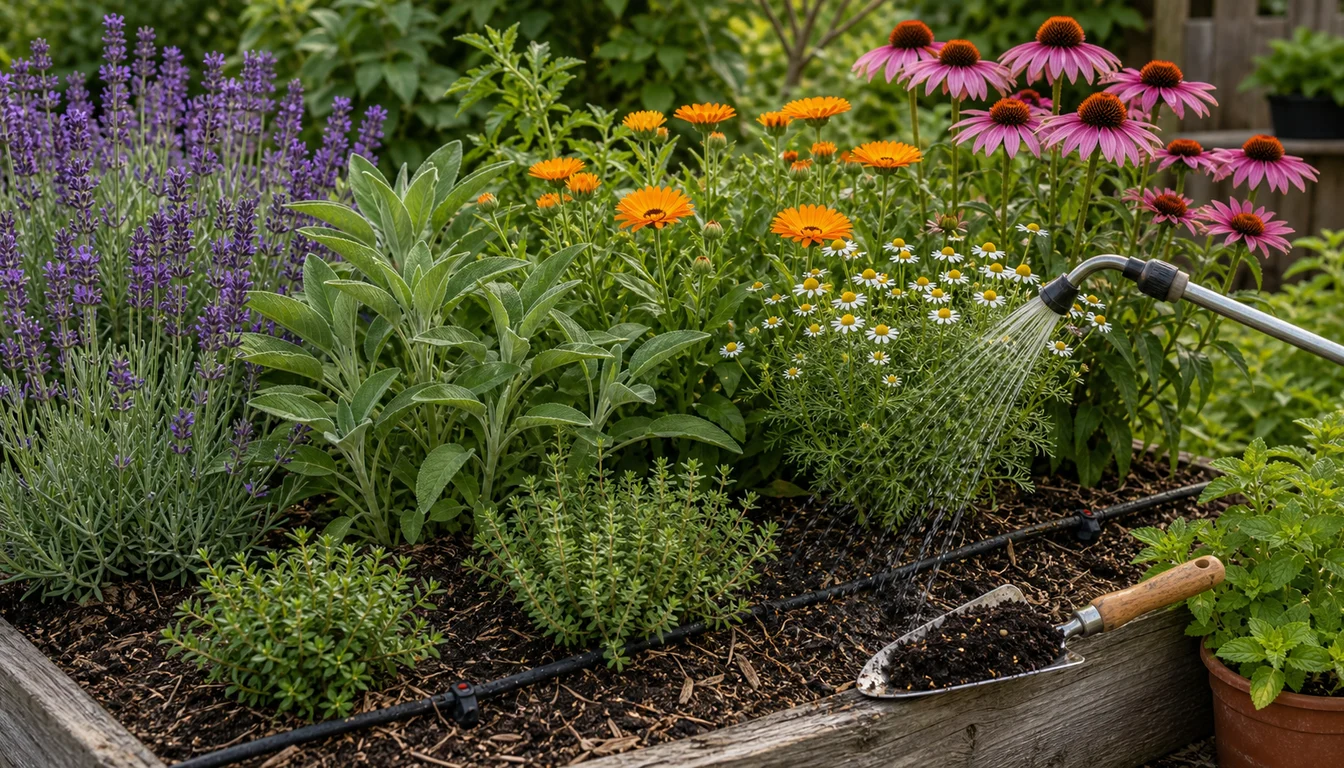 lavender, sage, calendula, chamomile, echinacea, drip irrigation, watering wand, mulch, and compost on a trowel