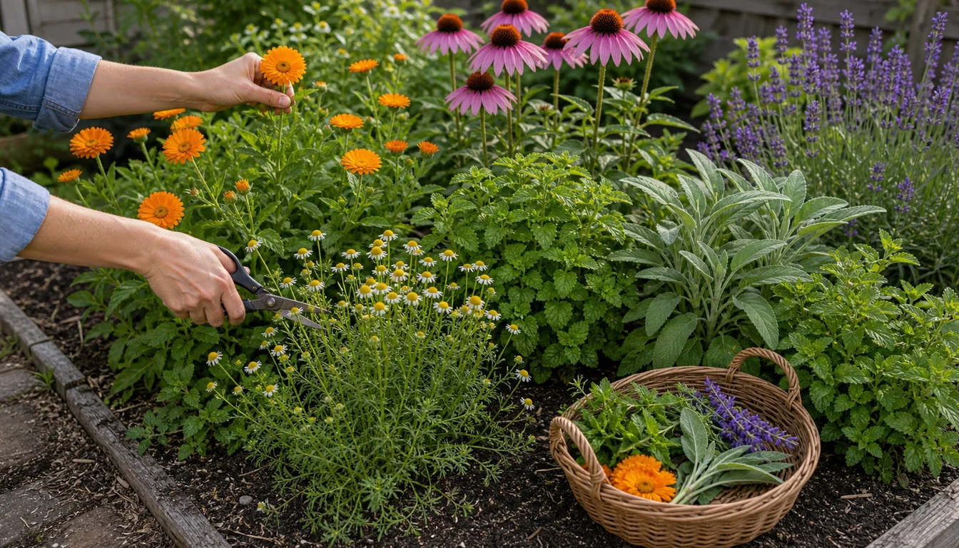 hands harvesting calendula and chamomile beside echinacea, sage, lavender, lemon balm, scissors, and herb basket