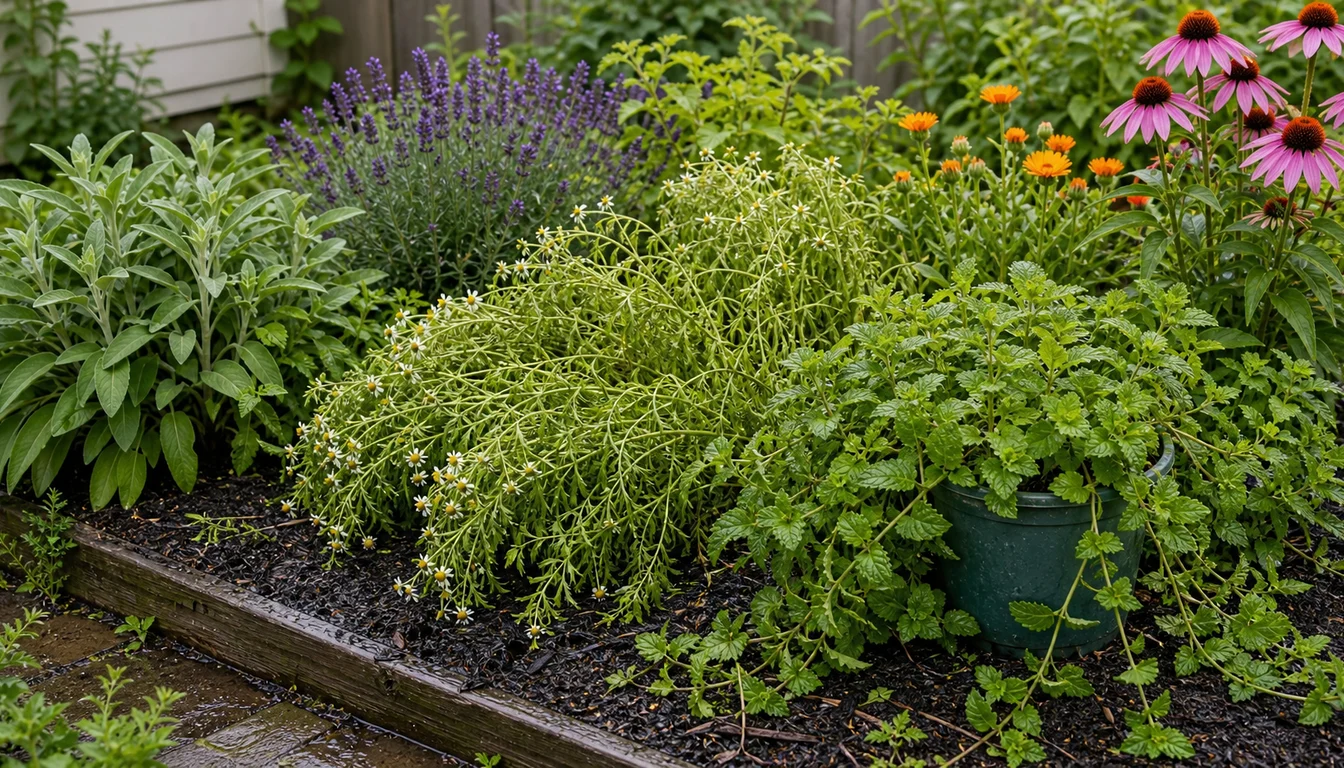 crowded medicinal herb bed with flopping chamomile, spreading lemon balm, wet mulch, sage, lavender, calendula, and echinacea