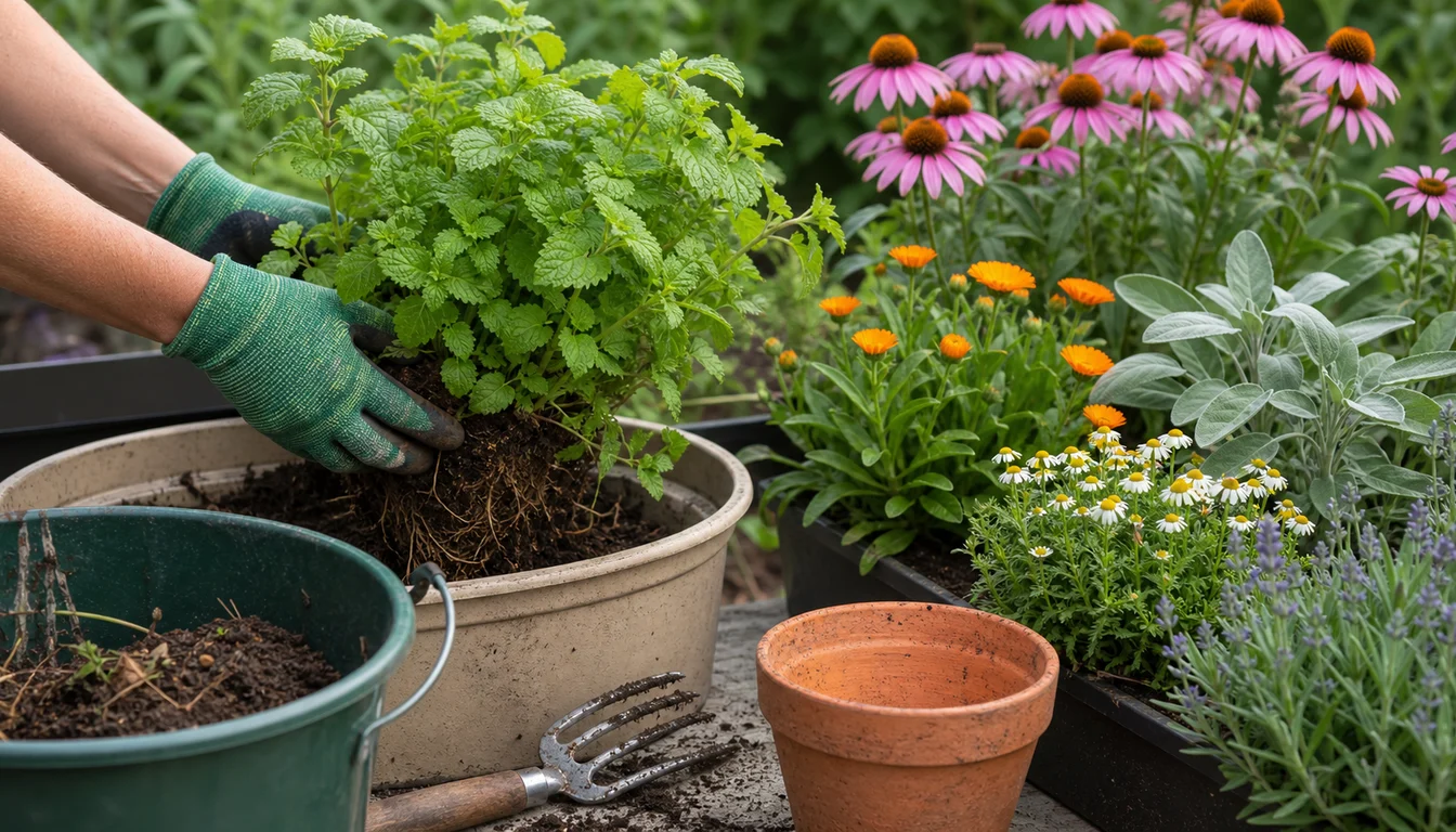gloved hands lifting overgrown lemon balm roots beside echinacea, calendula, lavender, sage, chamomile, compost bucket, hand fork, and empty terracotta pot