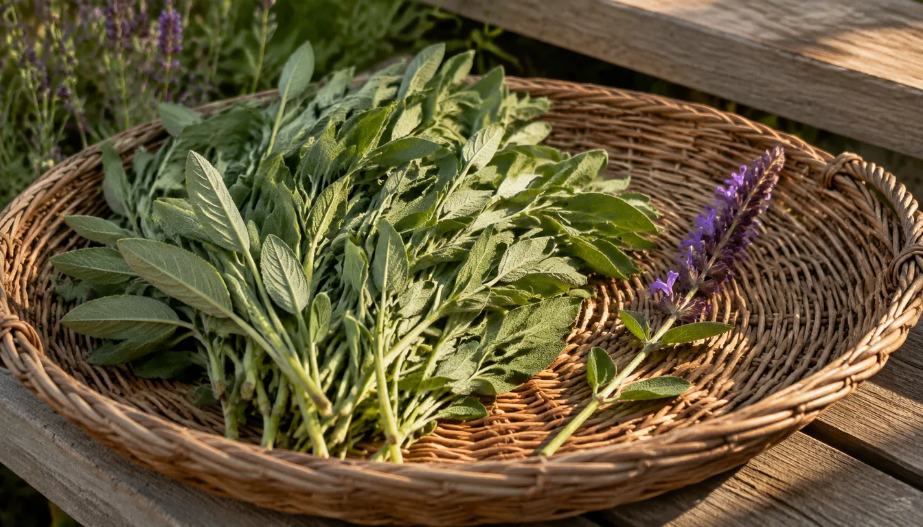 Cut sage stems in a shallow woven basket, most of them leafy gray-green shoots, with one stem set apart that has run up into a purple flower spike