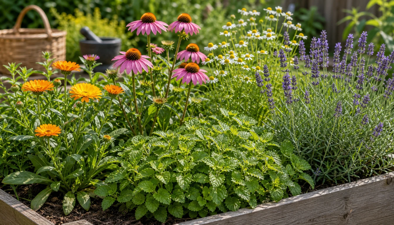 Medicinal herbs with calendula, echinacea, chamomile, and sage in a sunny bed