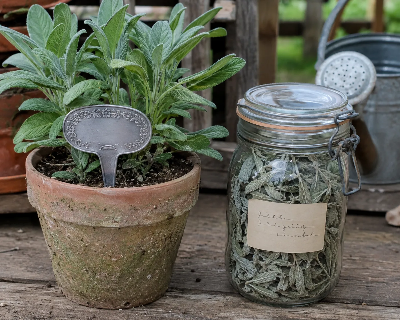 A weatherproof label pushed into the soil of a potted sage beside a sealed glass jar of dried sage carrying its own handwritten label