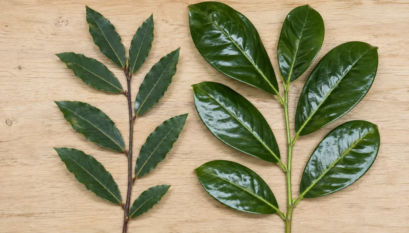 Two cut evergreen shoots on pale timber, the left bay laurel with lance-shaped matte leaves and a rippled edge on a brown woody stem, the right cherry laurel with leaves twice the size, blunter and highly glossy on a green stem