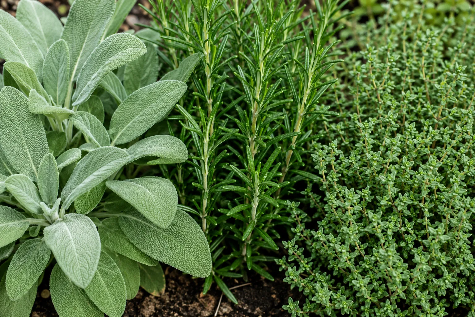 Sage with broad woolly gray-green leaves, rosemary with woody stems and narrow needle leaves, and thyme as a low dense mat, growing side by side at the same scale