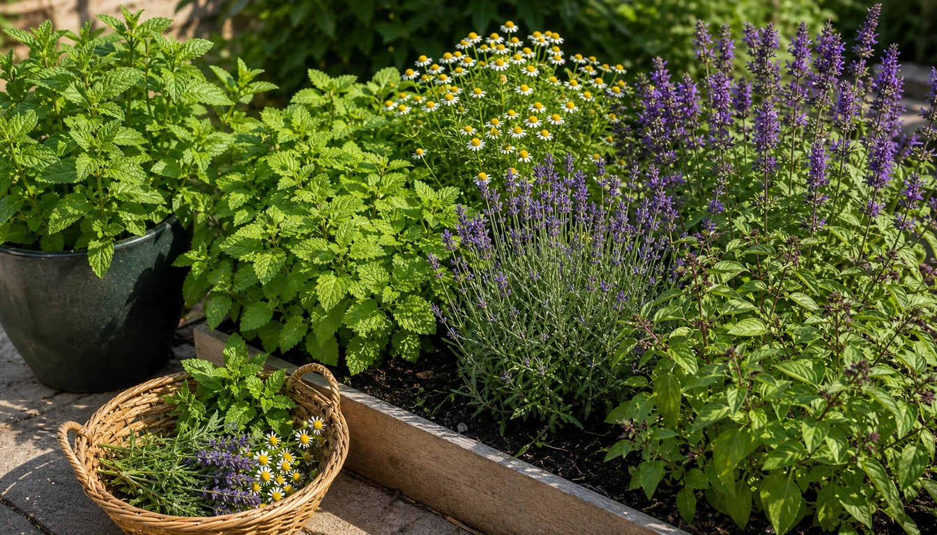 mint, lemon balm, chamomile, lavender, anise hyssop, and tulsi basil growing in a raised tea herb bed with a harvest basket
