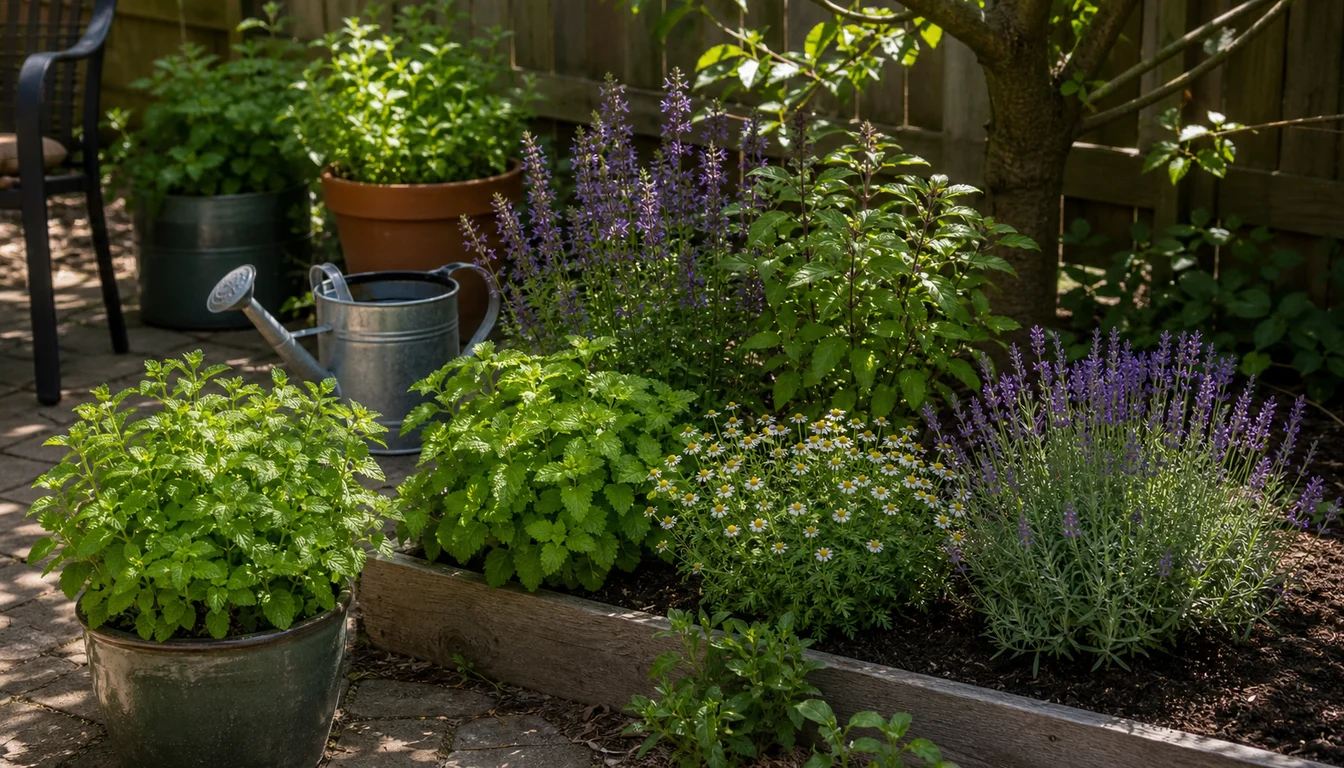 tea herbs in mixed sun and shade with mint container, lemon balm, chamomile, lavender, anise hyssop, raised bed, and watering can