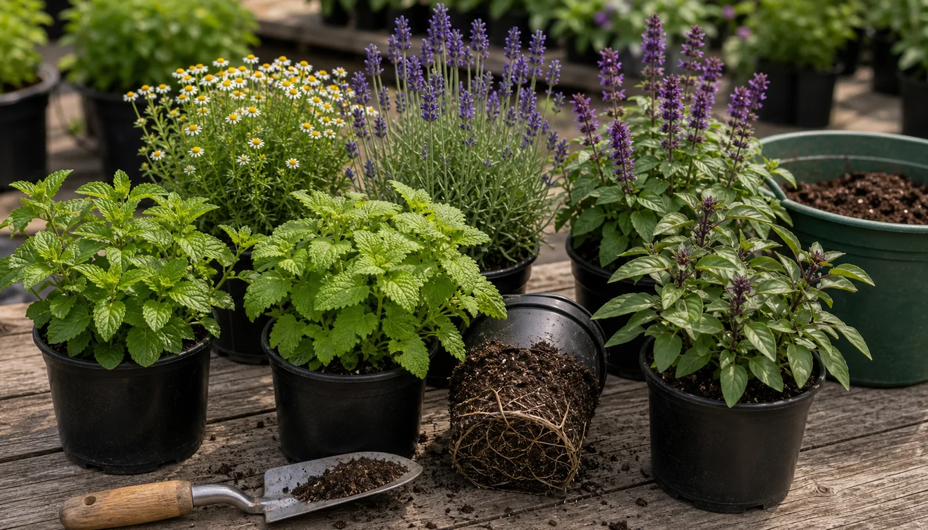 healthy starter pots of mint, lemon balm, chamomile, lavender, anise hyssop, and tulsi basil with visible root ball and trowel