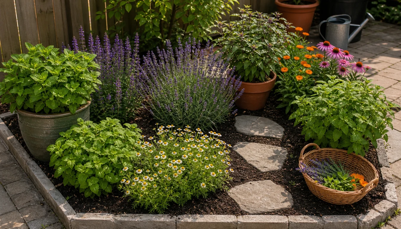 compact tea herb layout with mint in a pot, chamomile, lavender, lemon balm, tulsi basil, stepping stones, and harvest basket
