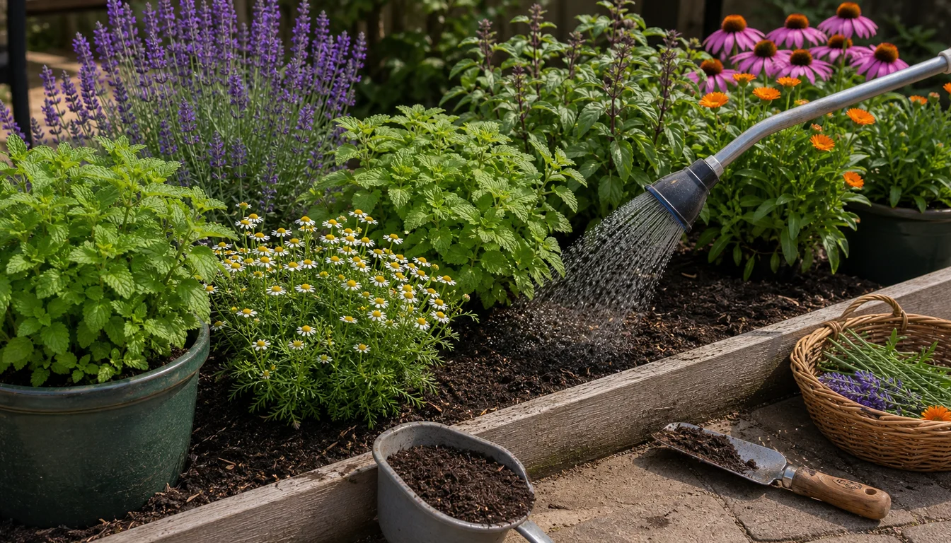 watering wand soaking a tea herb bed with mint, chamomile, lavender, basil, dark mulch, compost scoop, trowel, and harvest basket
