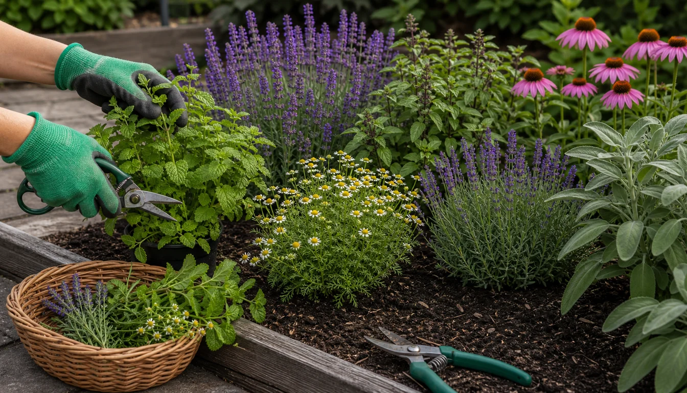 gloved hands pruning mint beside chamomile, lavender, basil, sage, echinacea, pruning snips, mulch, and herb harvest basket