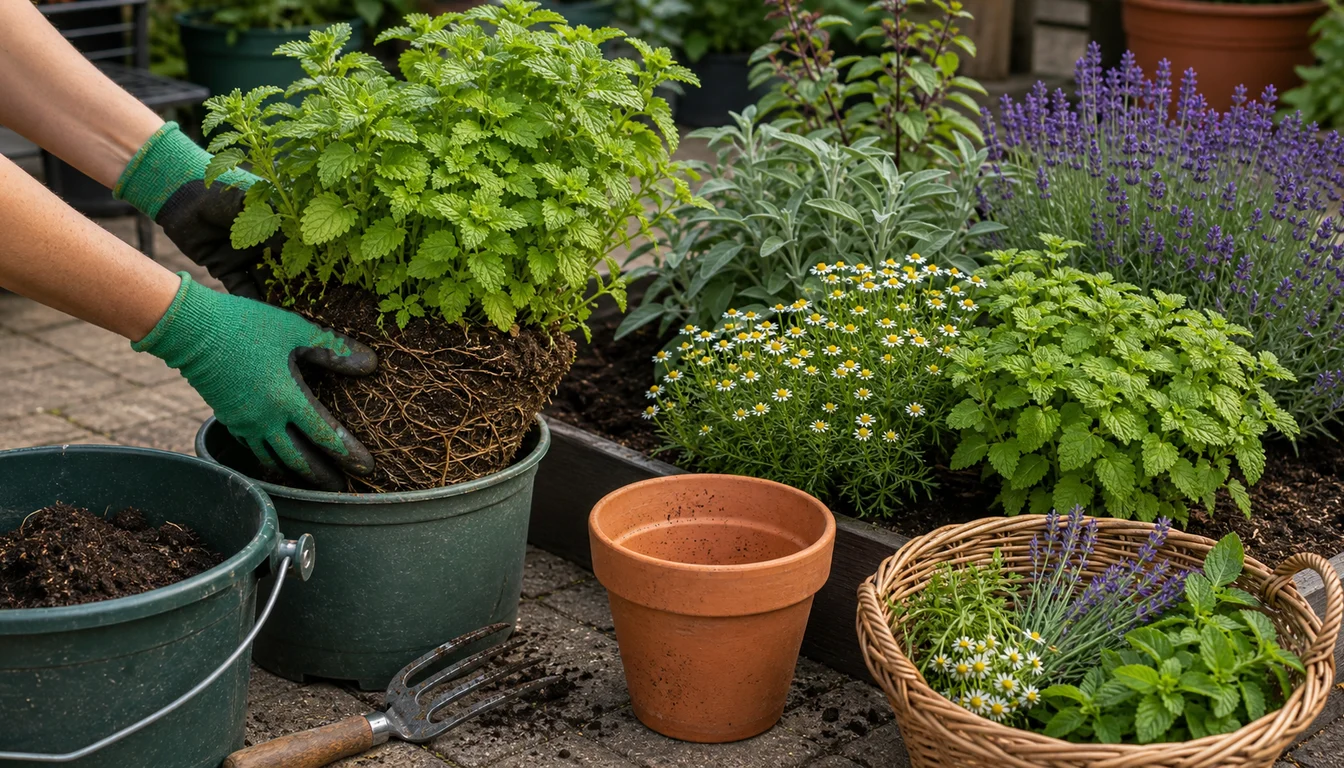 gloved hands lifting overgrown lemon balm root ball beside chamomile, lavender, sage, mint, empty terracotta pot, compost bucket, hand fork, and herb basket
