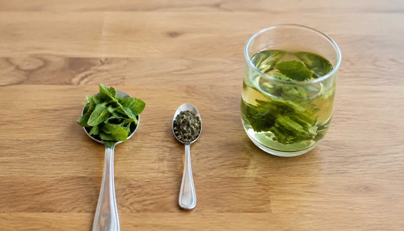 Fresh leaves and dried crumbled herbs in two different-sized spoons beside a glass of herbal tea