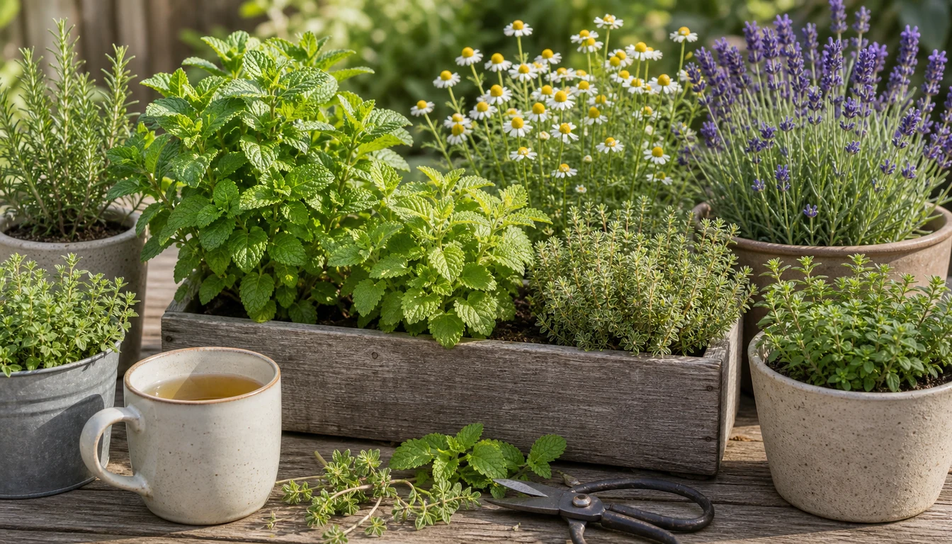 Tea garden herbs with mint, chamomile, lemon balm, and lavender beside a teapot