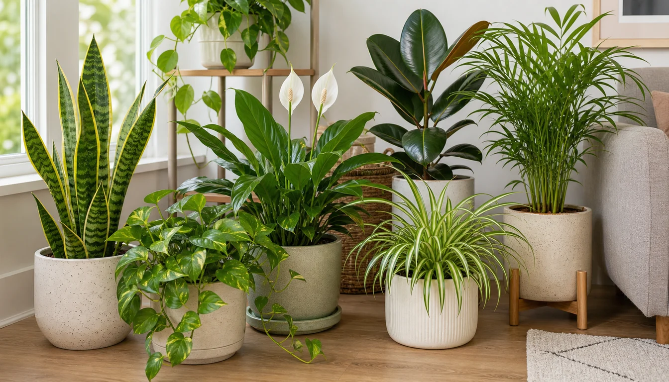 snake plant, pothos, peace lily, spider plant, rubber plant, and parlor palm grouped in pots beside a bright living room window