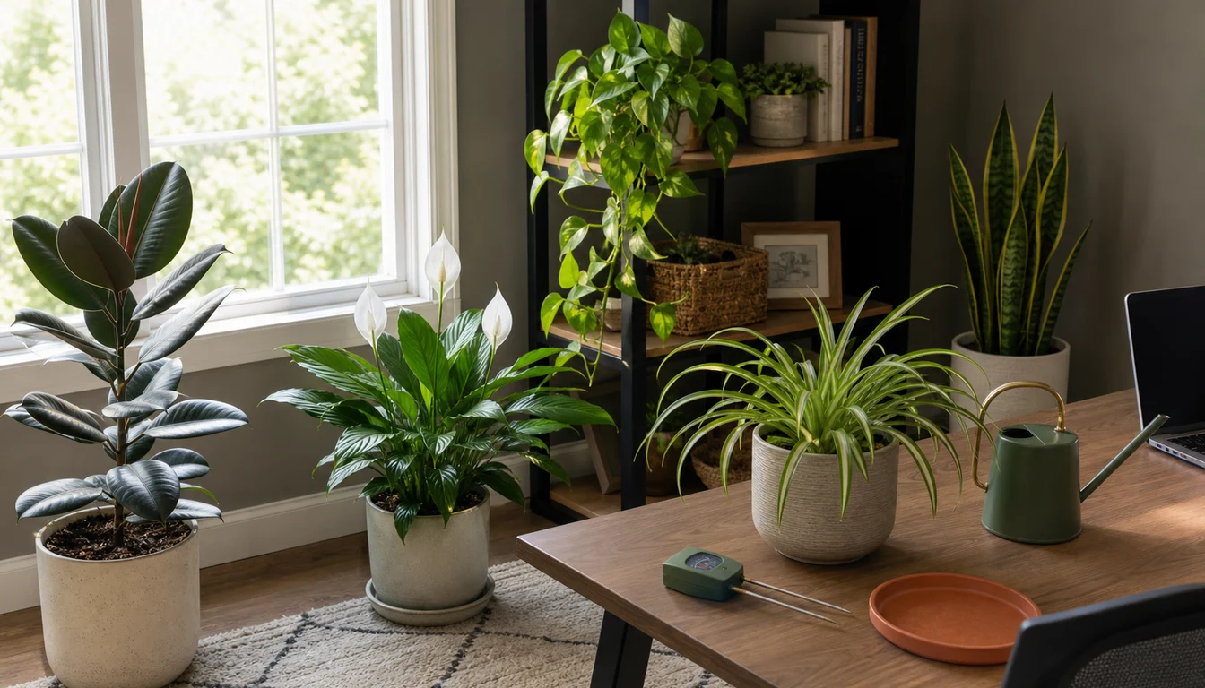 rubber plant, peace lily, spider plant, pothos, and snake plant arranged by window, shelf, desk, watering can, and moisture meter
