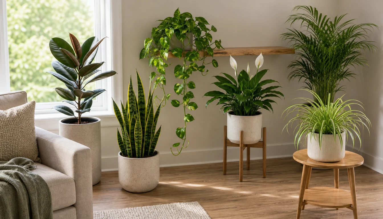 rubber plant, snake plant, pothos, peace lily, parlor palm, and spider plant arranged near a bright living room window and plain plant shelf