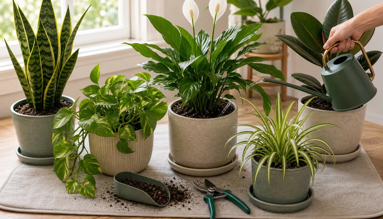 watering can soaking pots of snake plant, pothos, peace lily, spider plant, rubber plant, potting mix, scoop, and pruners