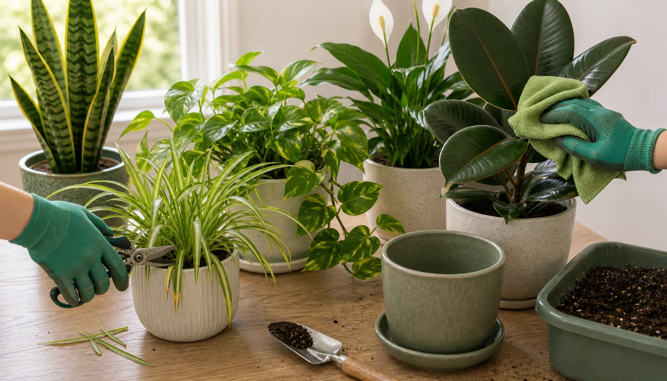 gloved hands trimming spider plant and wiping rubber plant beside snake plant, pothos, peace lily, potting mix, scoop, and empty pot